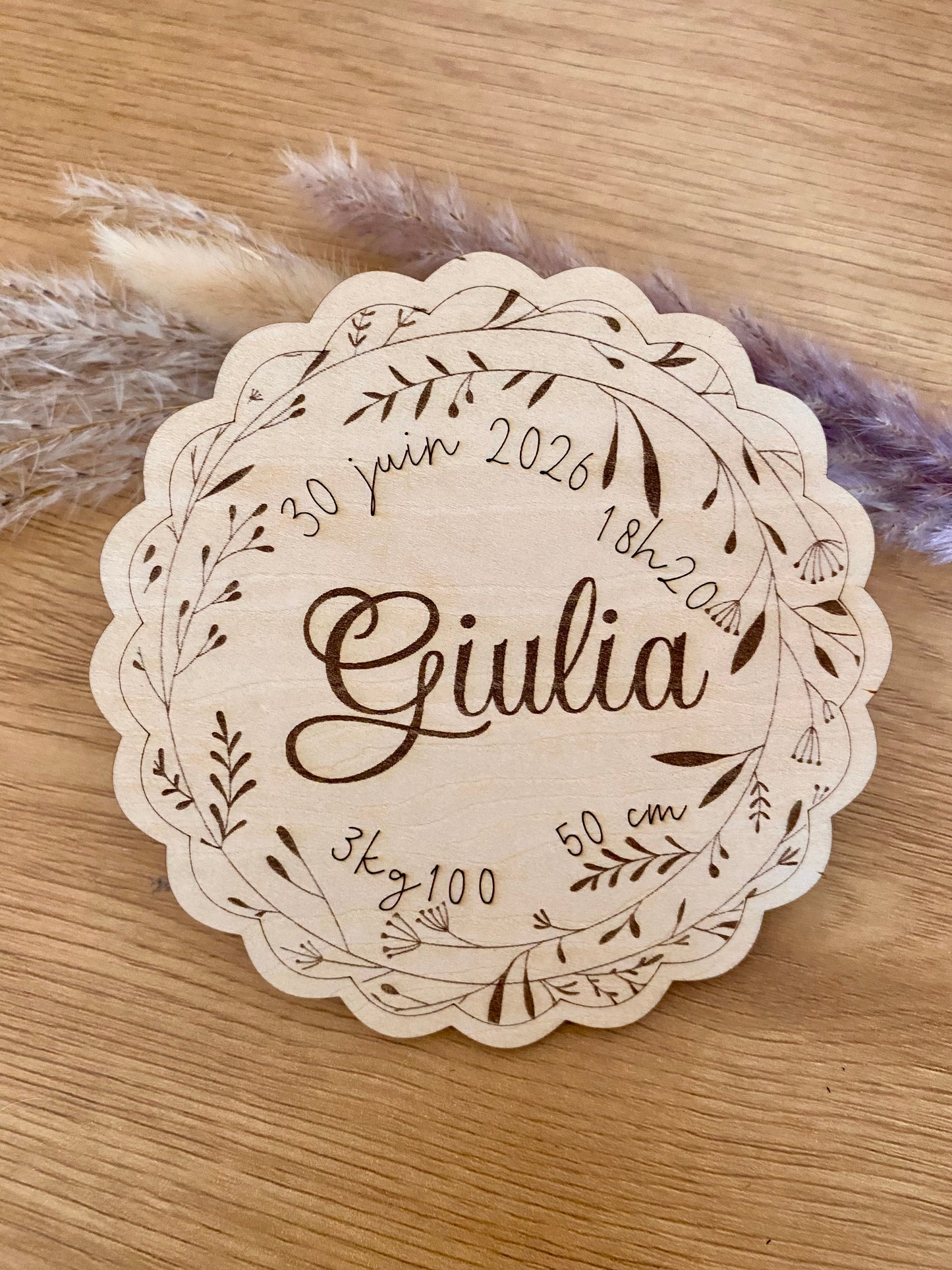 Carte en bois annonce naissance avec poids, taille date heure Faire part bois motif floral