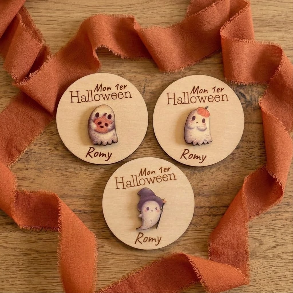 Trois magnets en bois personnalisés "Mon 1er Halloween" avec le prénom Romy et de petits fantômes rigolos, entourés de citrouilles et décorations automnales.
