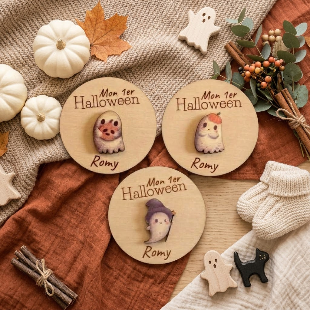 Trois magnets en bois personnalisés "Mon 1er Halloween" avec le prénom Romy et de petits fantômes rigolos, entourés de citrouilles et décorations automnales.