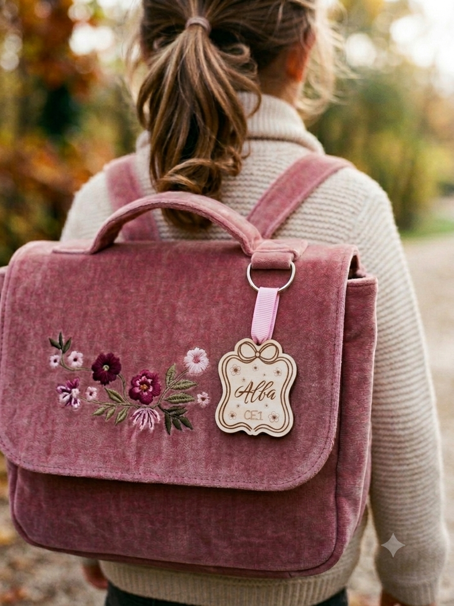 porte-cles-bois-personnalise-prenom-alba-ce1-attache-dentelle-cartable-rose⁠