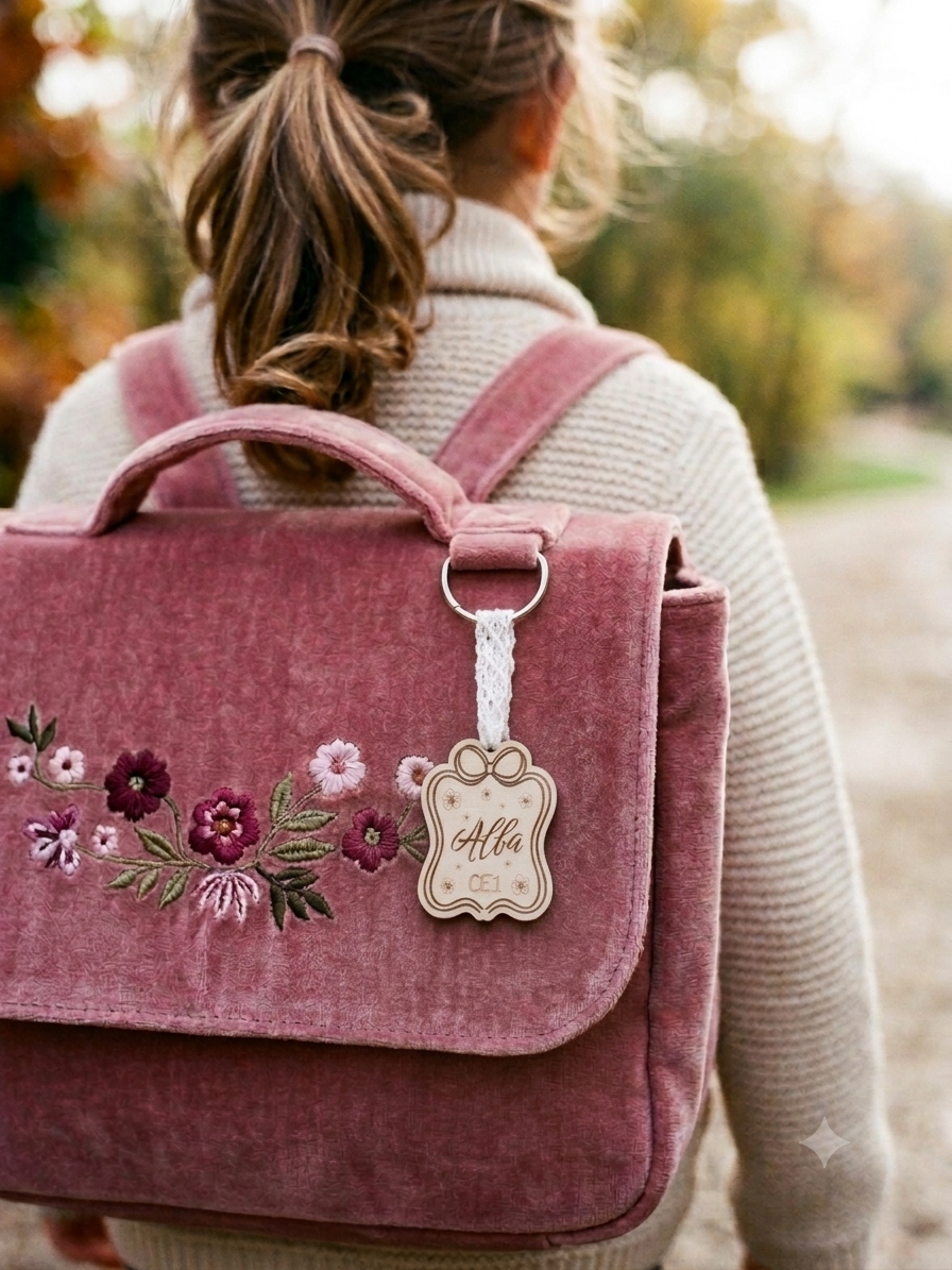 porte-cles-bois-personnalise-prenom-alba-ce1-attache-dentelle-cartable-rose⁠