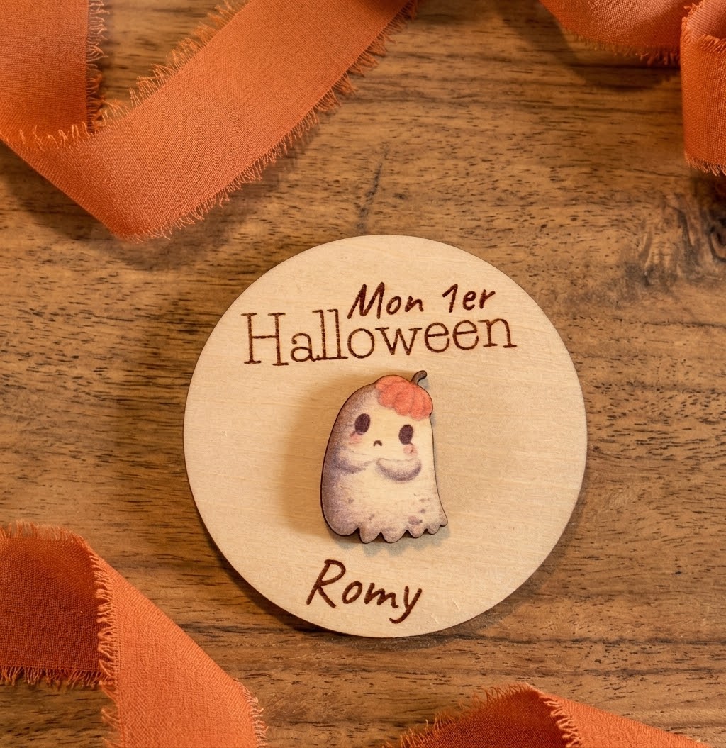 Detail du magnet personnalisé en bois pour le premier Halloween de bébé avec illustration fantôme mignon.
