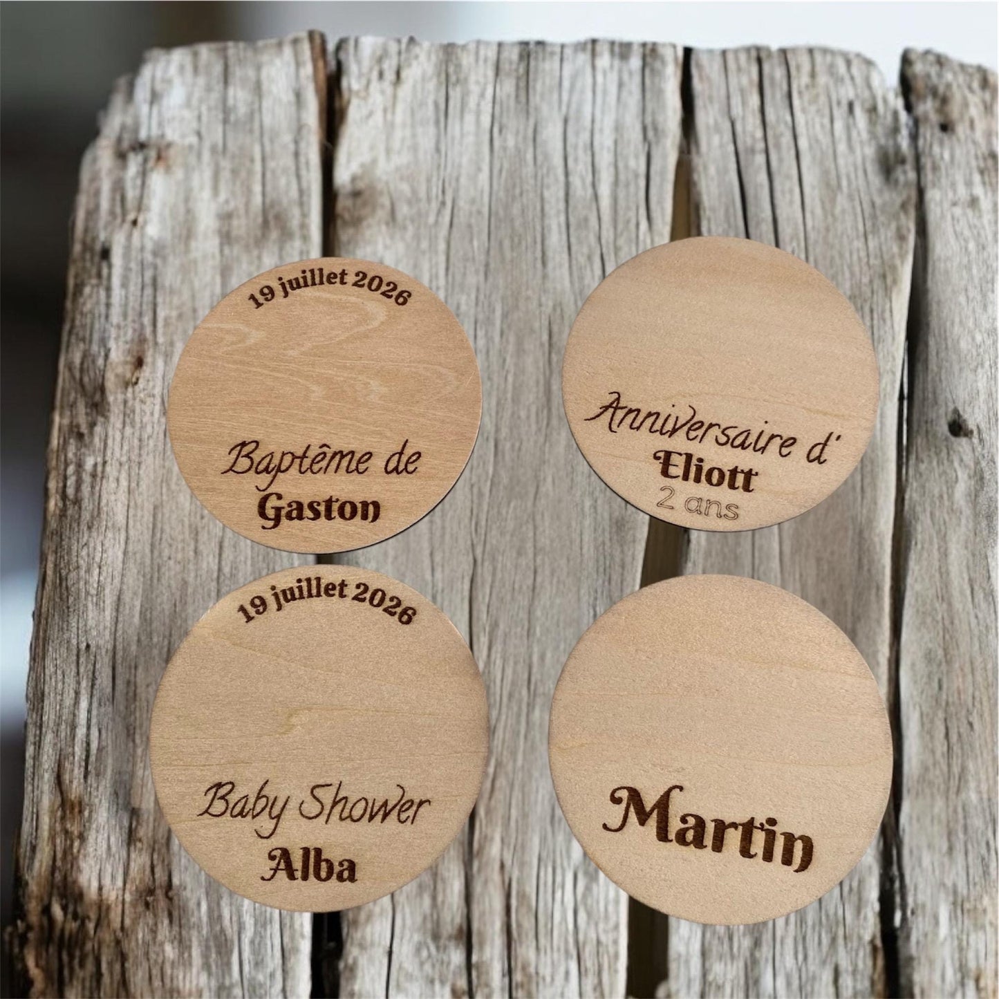 Magnets en Bois Personnalisés – Souvenirs de Baptême & Événements