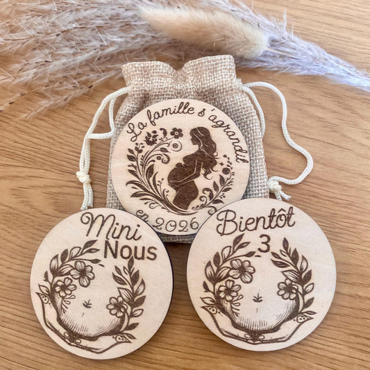 Magnet en bois annonce grossesse avec message au choix