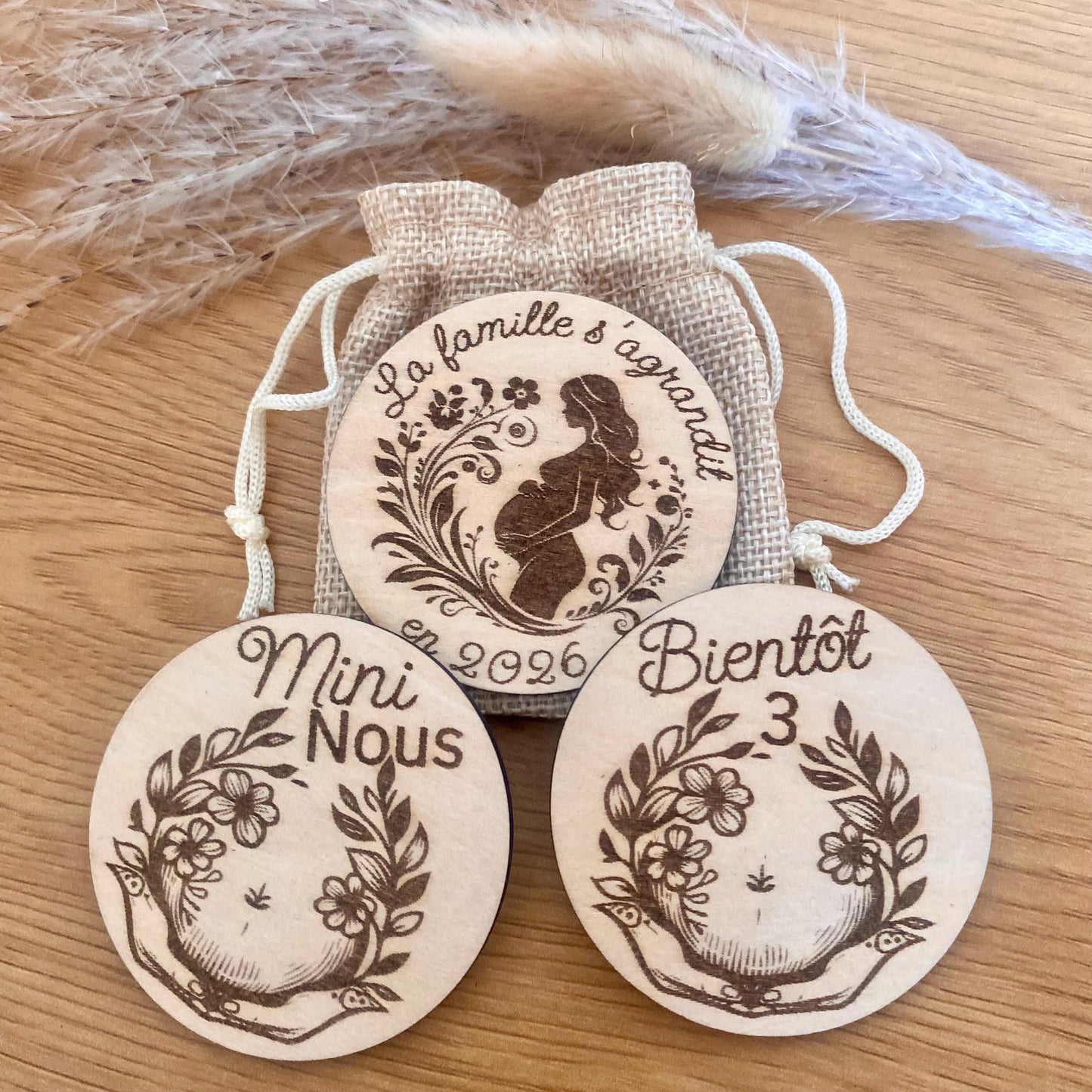 Magnet en bois annonce grossesse avec message au choix