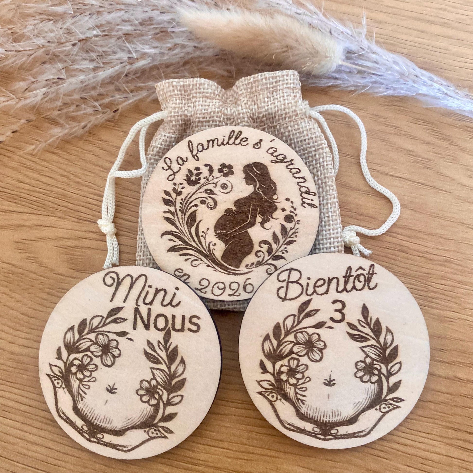 Magnet en bois annonce grossesse avec message au choix