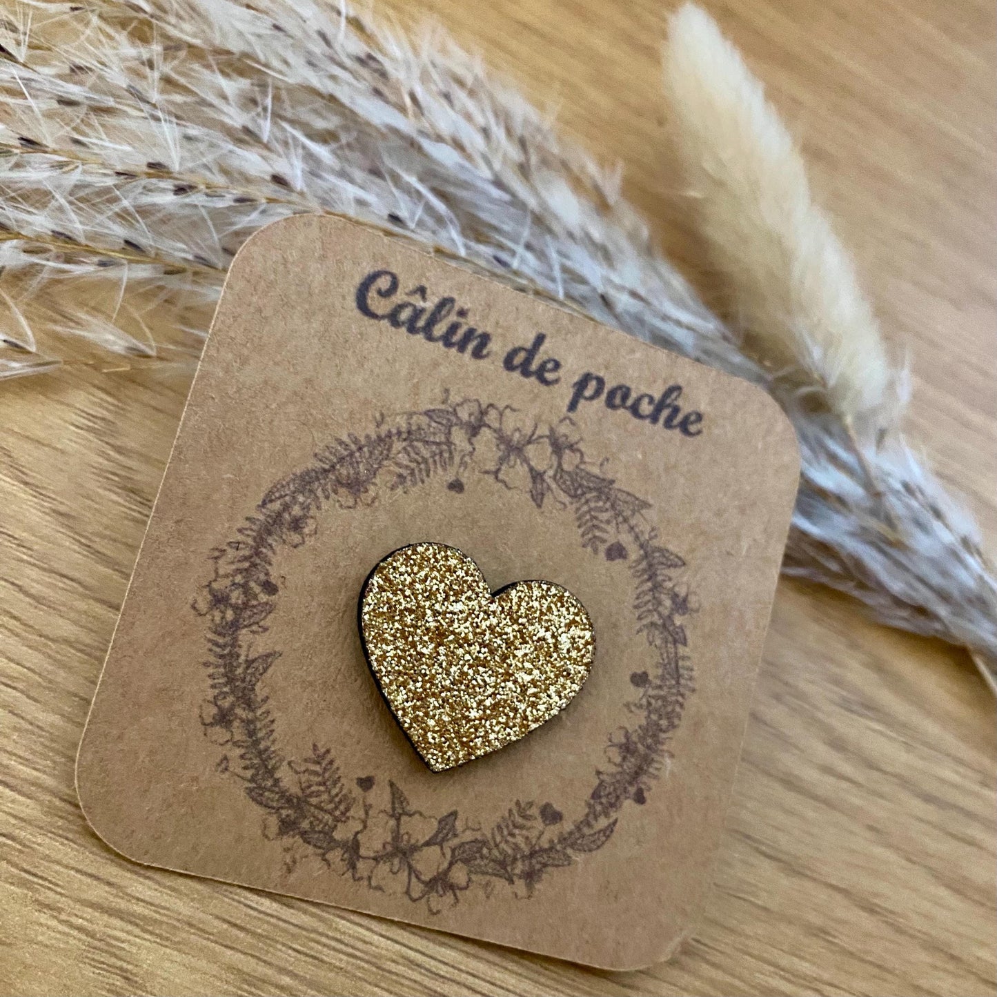 Câlin de Poche Cœur en Bois Pailleté – Cadeau Couple Original