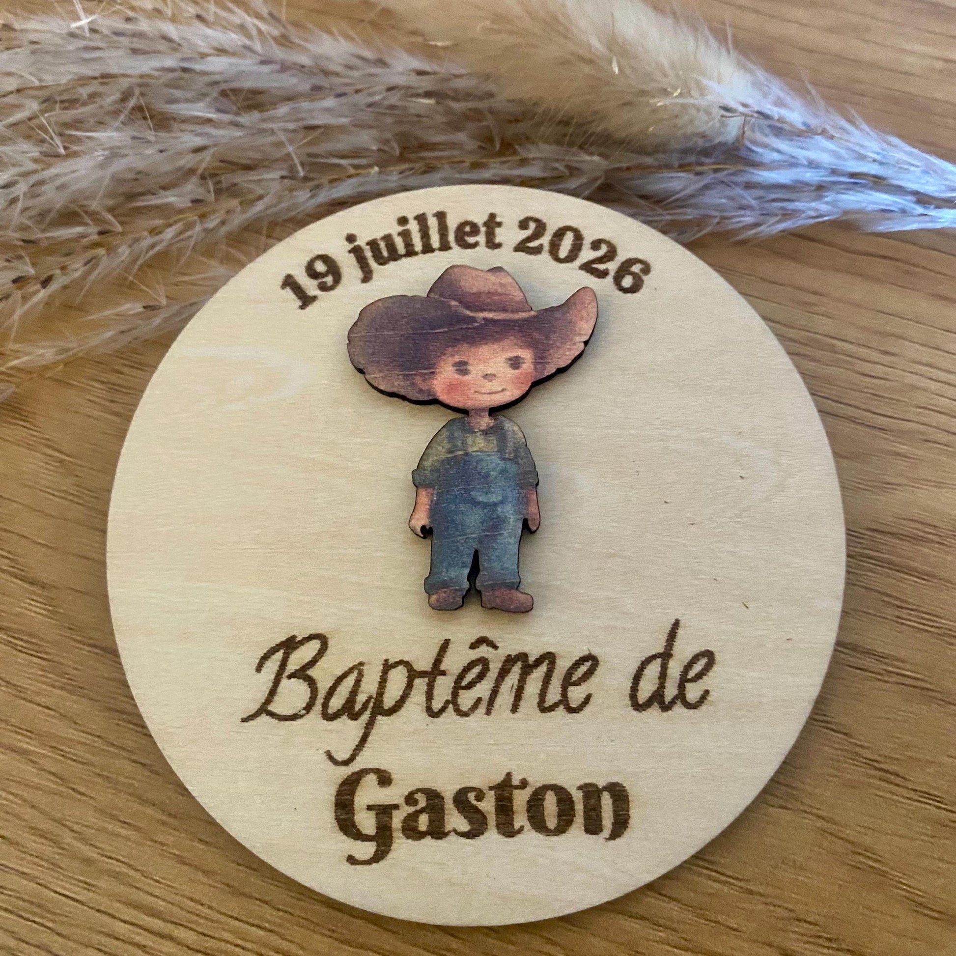 Magnet bois motif fermier pour cadeau invité baptême