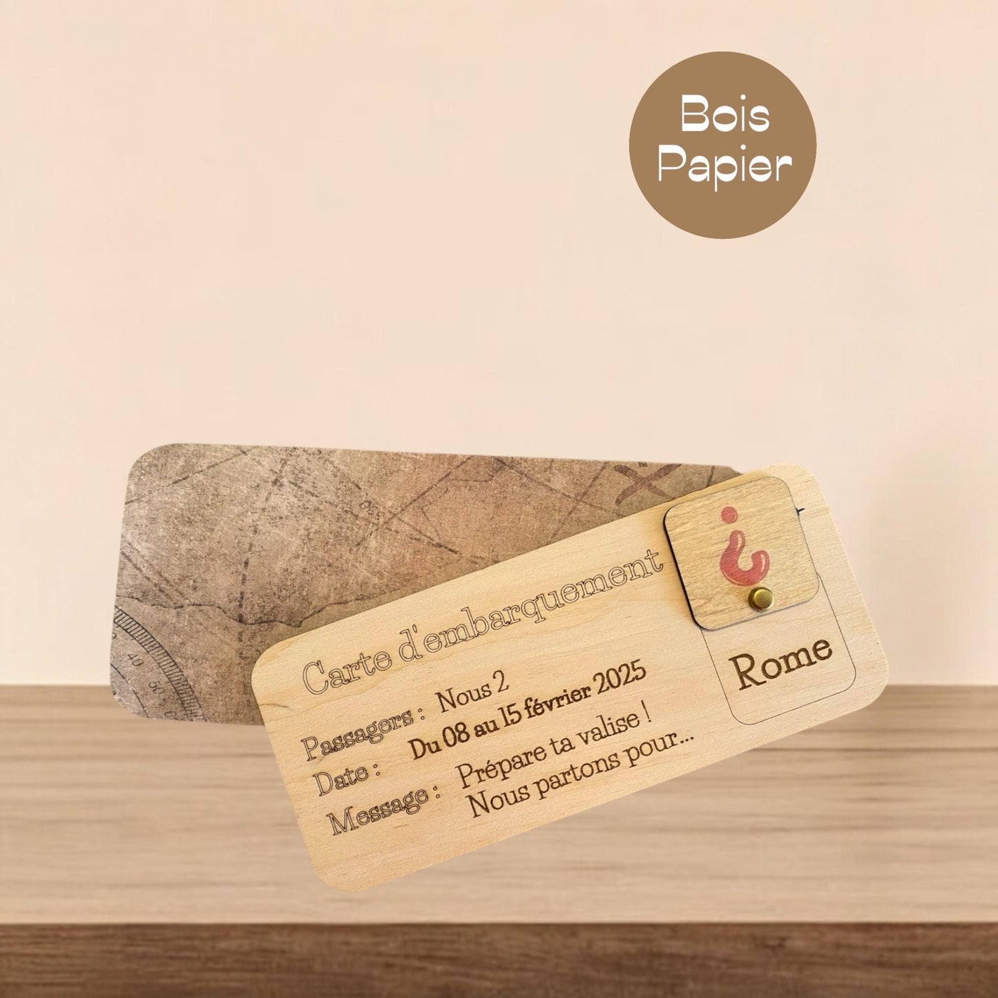 Carte d'Embarquement en Bois Personnalisée - Cadeau voyage et surprise