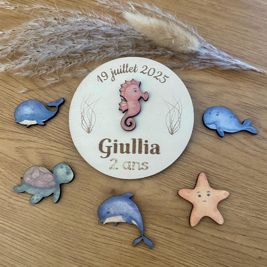 Ensemble des magnets marins (tortue, étoile, hippocampe, dauphin, baleine) mis en scène dans un décor aux tons bois et naturels.
