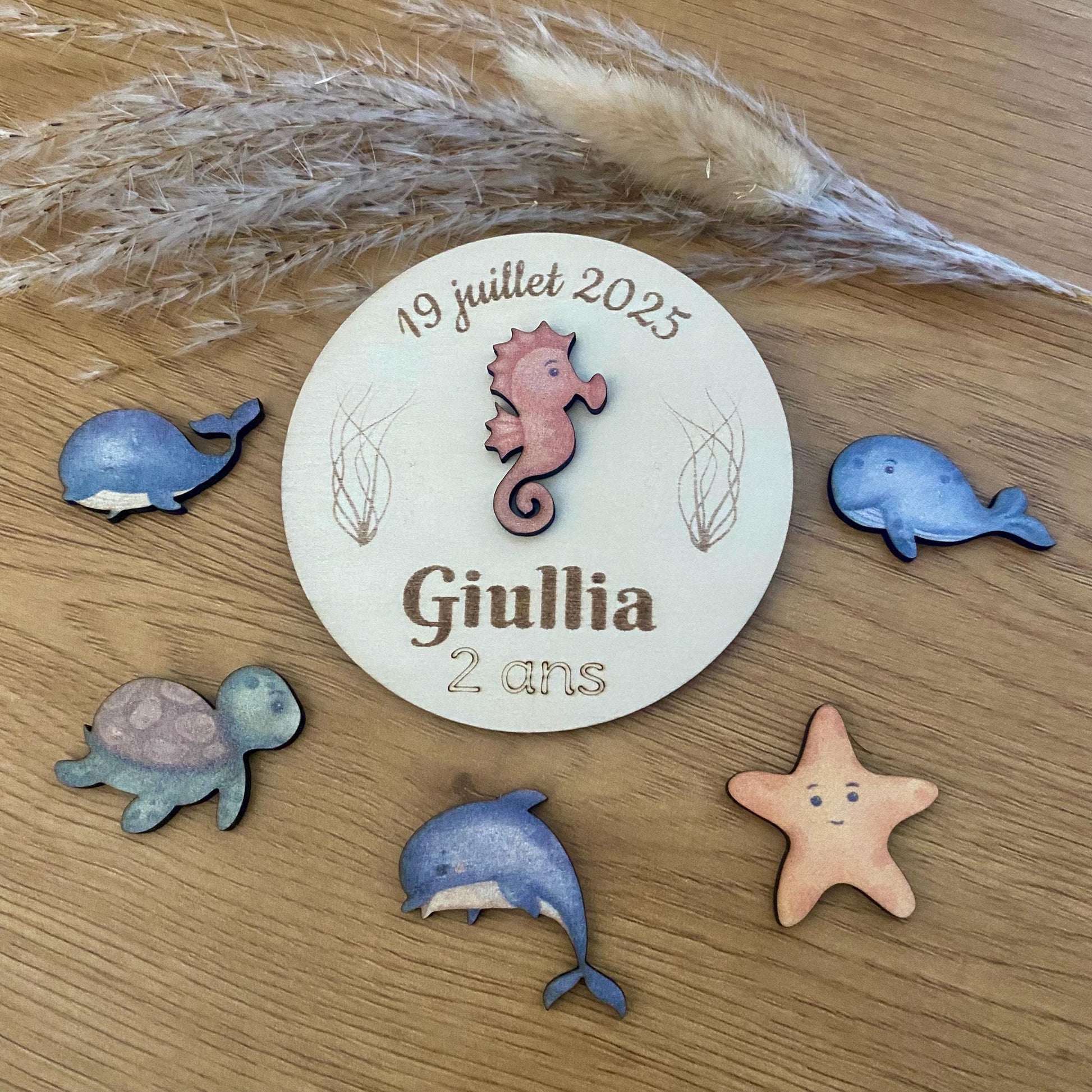 Ensemble des magnets marins (tortue, étoile, hippocampe, dauphin, baleine) mis en scène dans un décor aux tons bois et naturels.