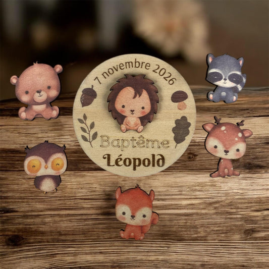 Collection cadeaux invités bois naturel thème forêt