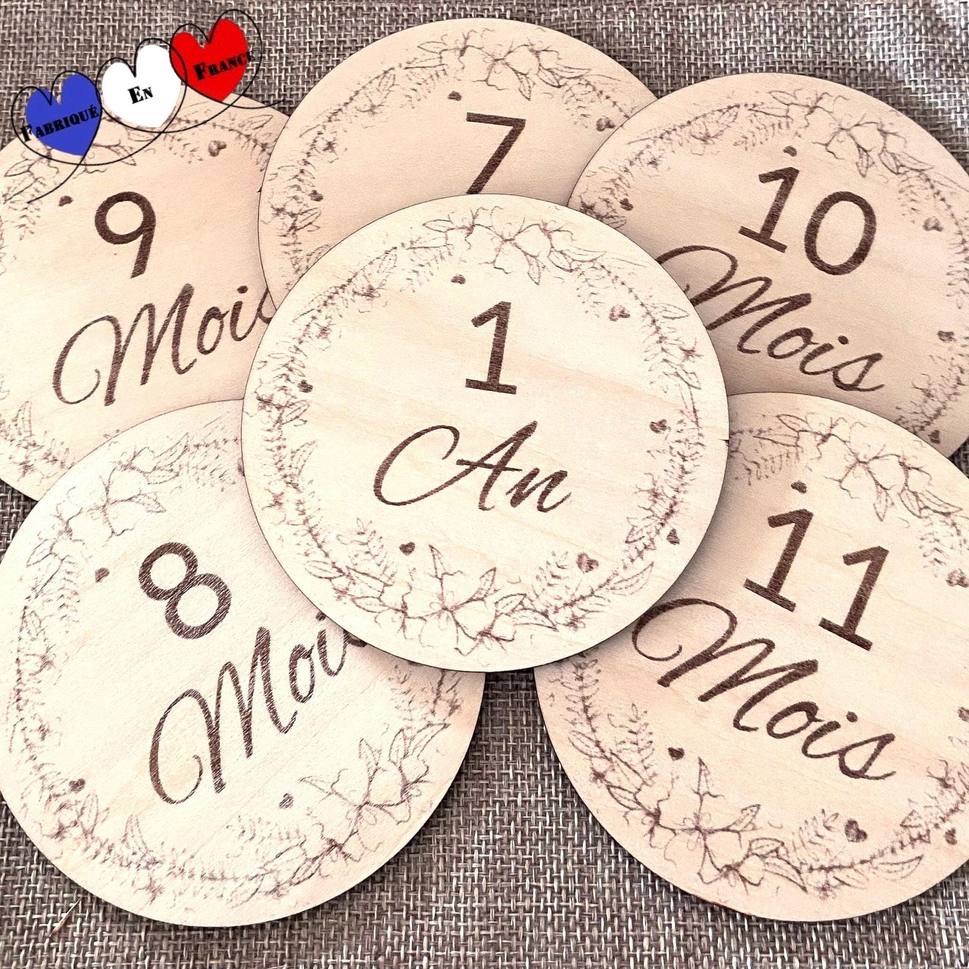 Set de 6 cartes étapes recto/verso bébé en bois avec prénom personnalisé