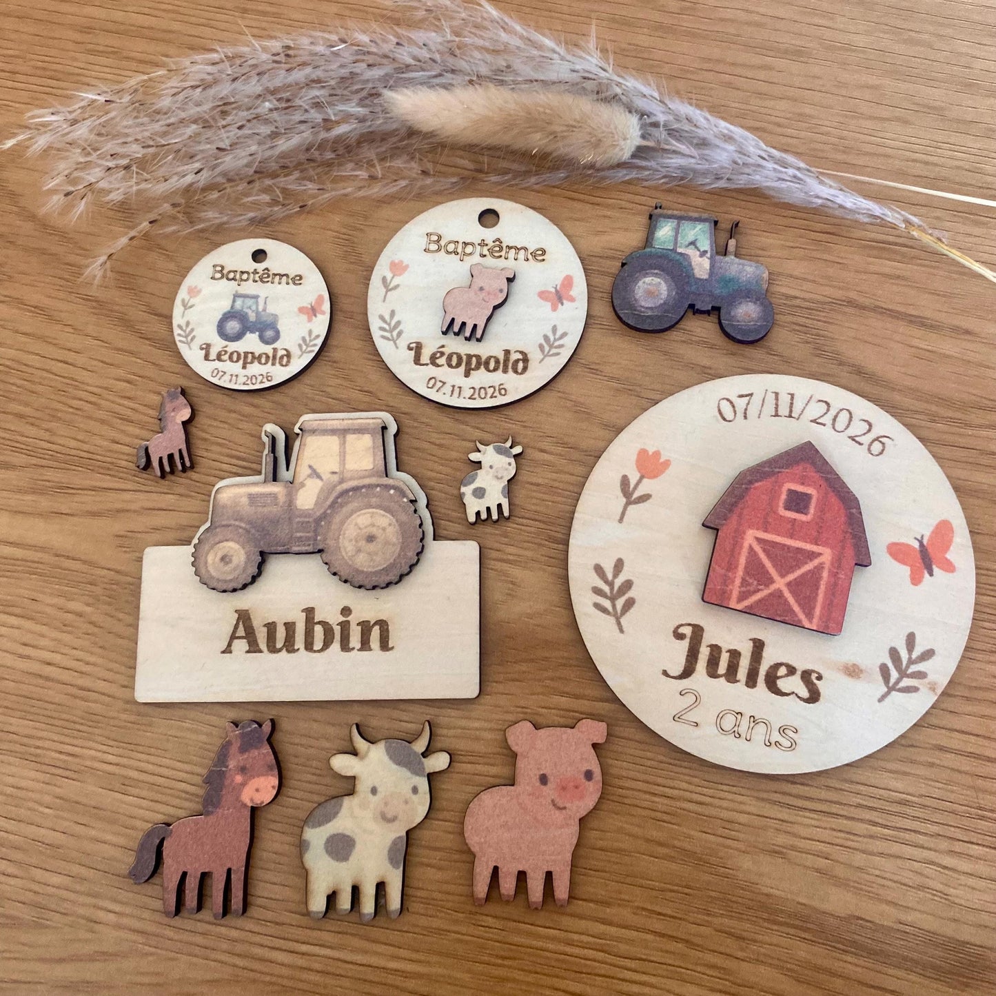 Assortiment de magnets; étiquettes petit et grand modèles t marque-places en bois thème ferme (vache, cochon, cheval) avec personnalisation.