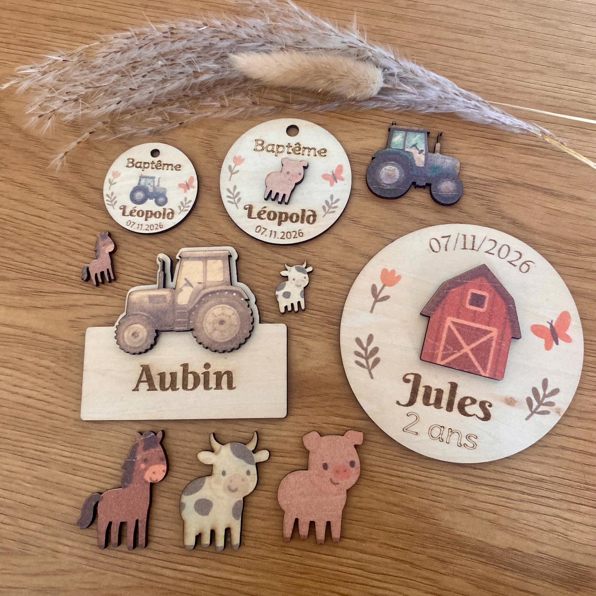 Assortiment de magnets; étiquettes petit et grand modèles t marque-places en bois thème ferme (vache, cochon, cheval) avec personnalisation.