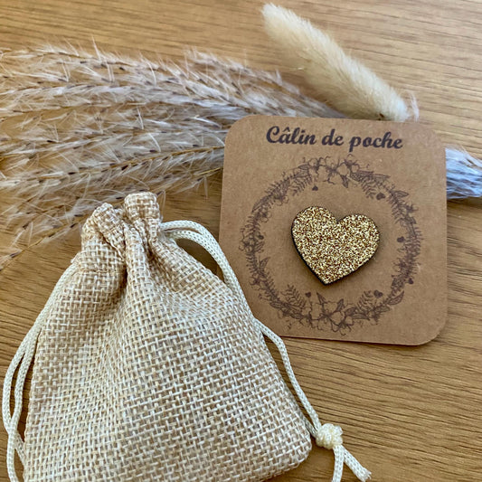 Cœur en bois pailleté personnalisé avec son pochon