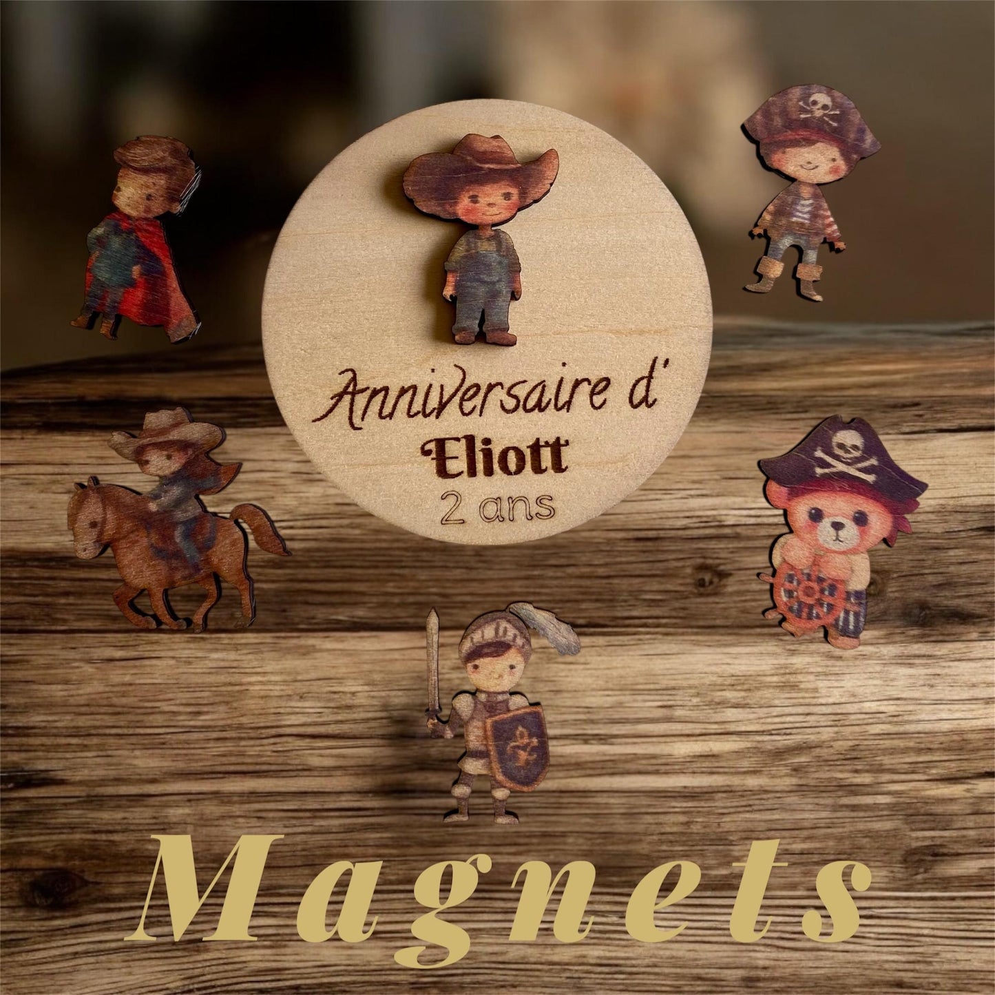 Marque-place et magnet personnalisé en bois – Thèmes héros et aventuriers