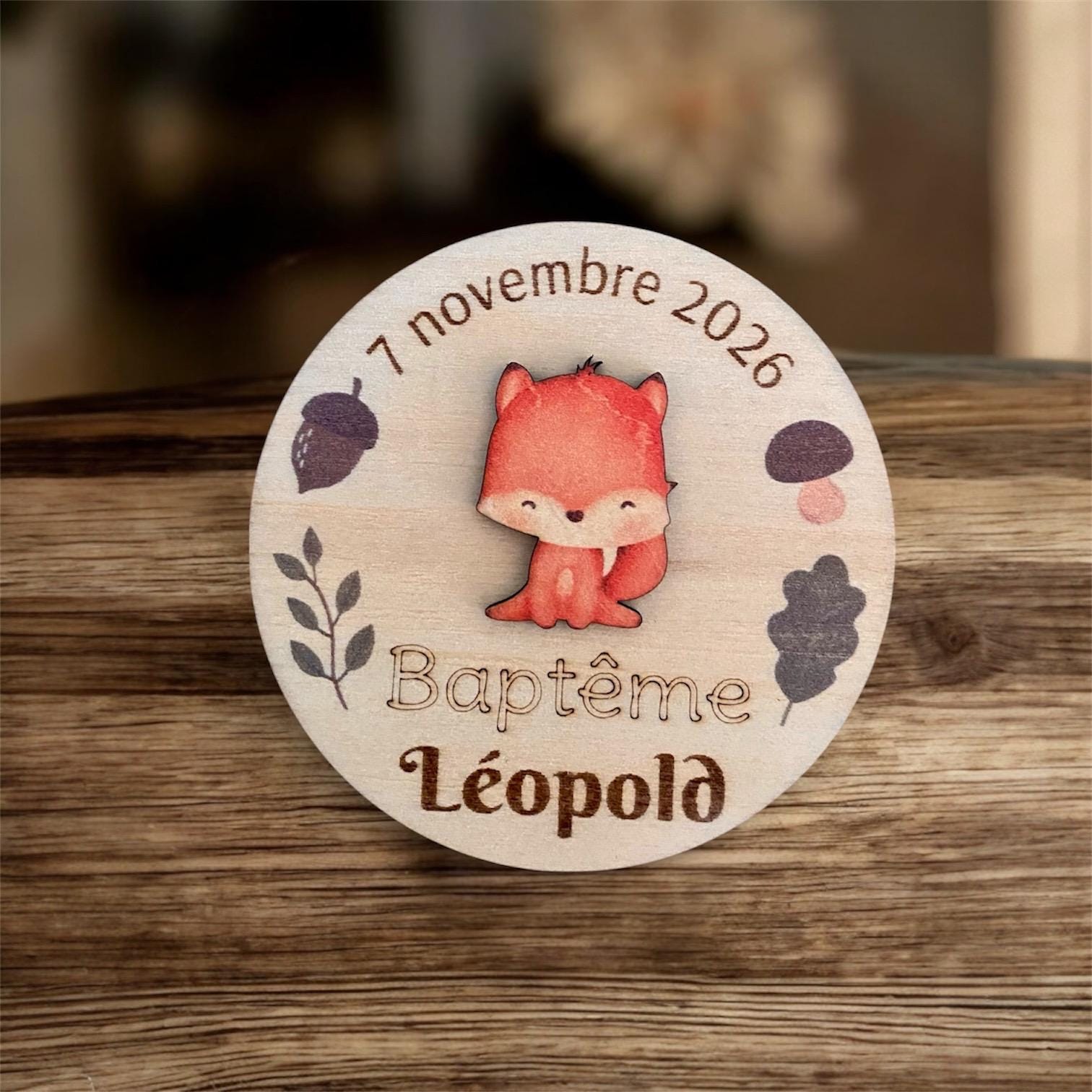 Magnet baptême en bois motif renard forêt personnalisé
