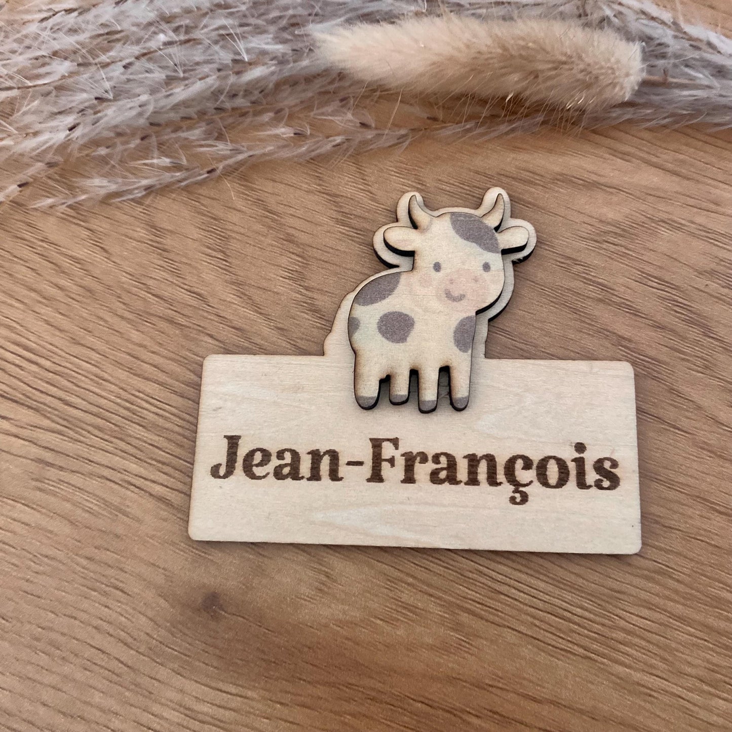 Marque-place en bois thème ferme motif vache