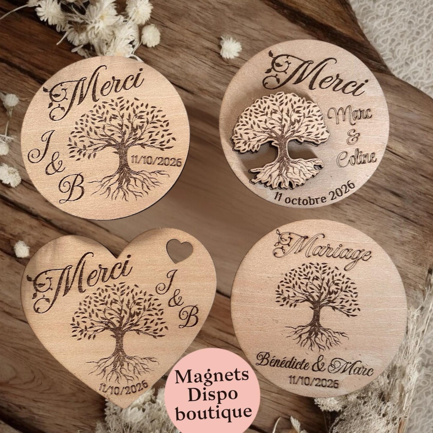 Étiquettes en Bois Personnalisées – Sublimez vos Dragées & Cadeaux Invités