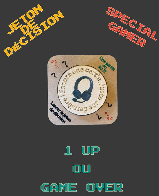 jeton de décision "Encore une partie / Au lit maintenant" posé sur une manette de console.