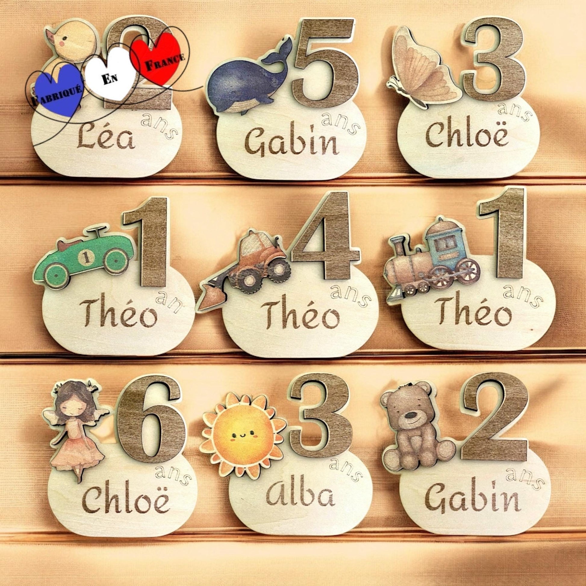 magnet anniversaire enfant avec personnage au choix prenom gravé et age