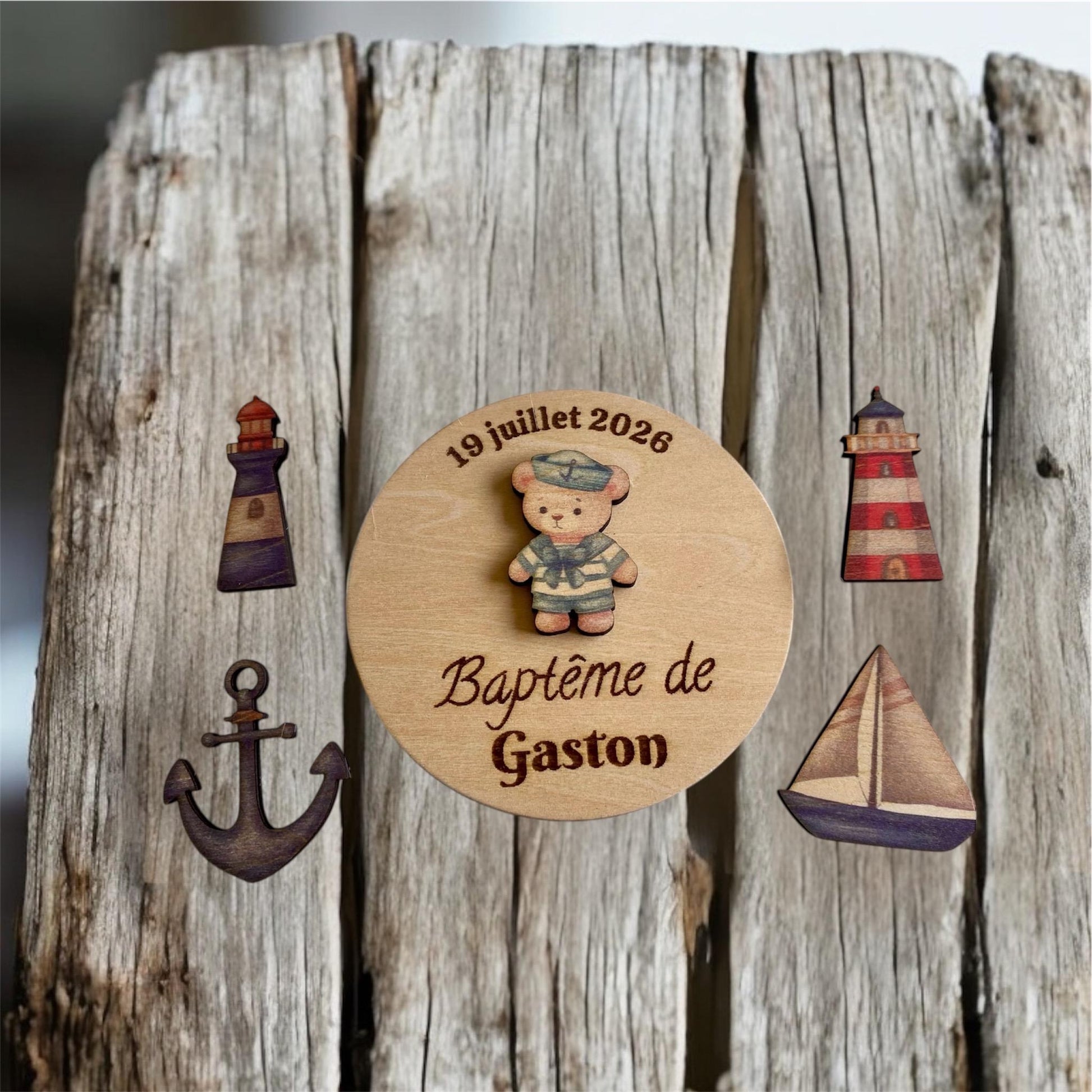 magne baptême en bois ourson marin