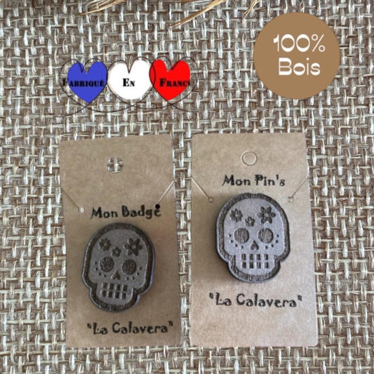 Pin's en bois gravé  en forme de Calavera