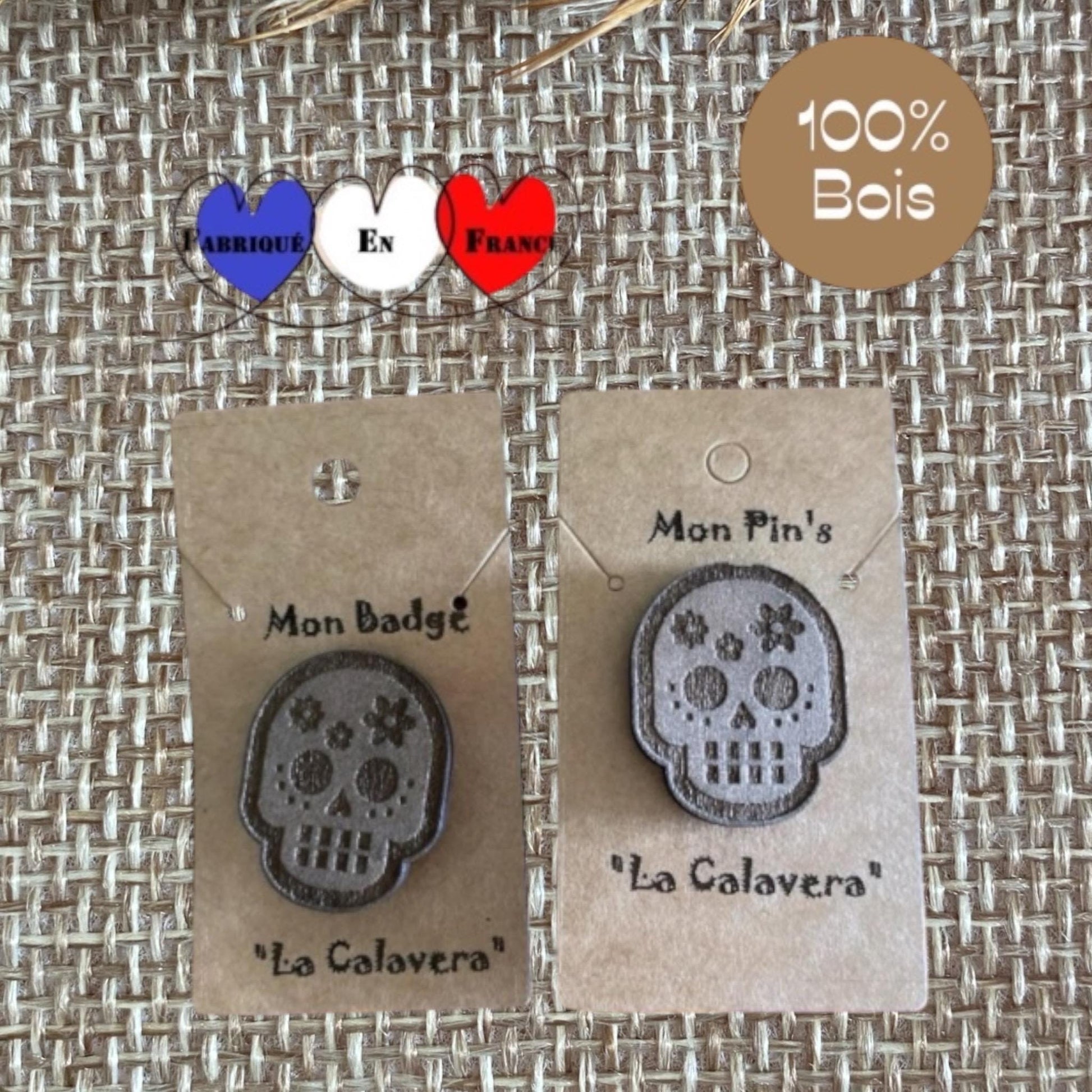 Pin's en bois gravé  en forme de Calavera