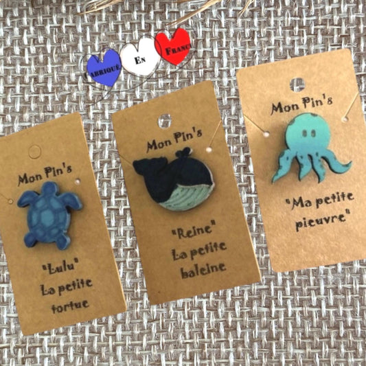 Collection de pin's animaux marins en bois artisanal