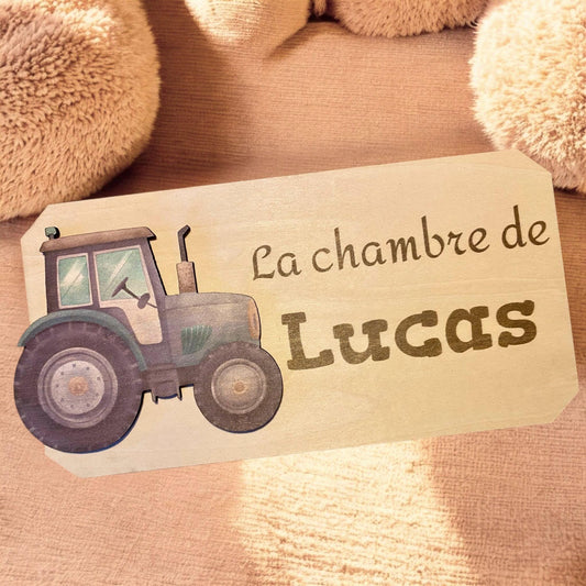 Plaque de porte en bois personnalisée pour chambre d'enfant tracteur